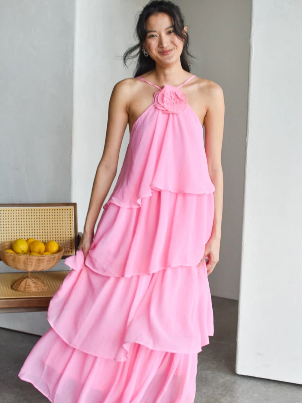 Pink Tiered Halter Maxi Dress with Rosette Detail